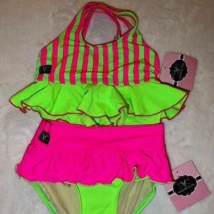 Kandi Kouture 2 piece dancewear, Girls size Child X-Large, lime green and pink